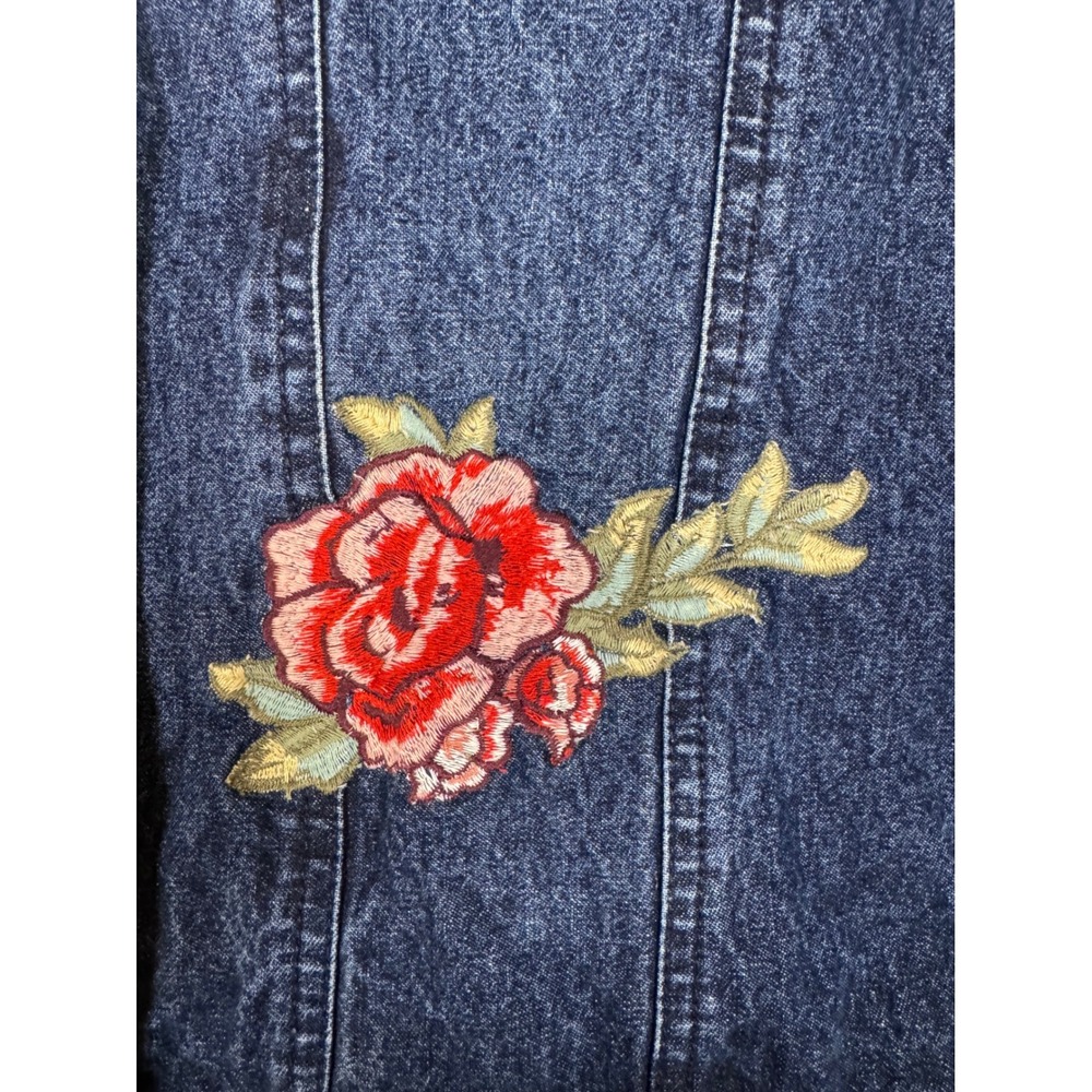 k36: Serengeti  XL Denim Jacket Rose Floral Embroidered Velvet Trim Blue Cotton - Picture 2 of 6